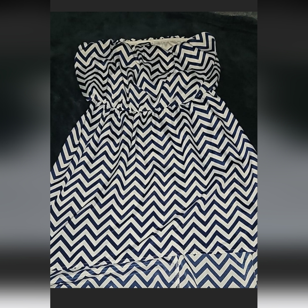 Chevron Strapless Dress - Blue and White